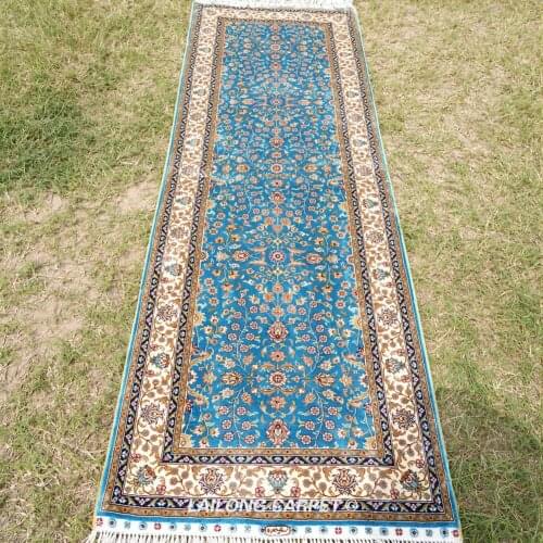 2'x6' Blue Handknotted Hallway Silk Rug Runner Lobby Stair Carpet (YWX143A)