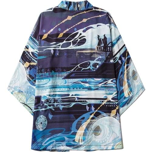 Asian Clothes Female Kimonos Cardigan Cosplay Japanese Style Blue Kimono Men Shirt Beach Blouse Yukata Haori Obi Samurai Korean