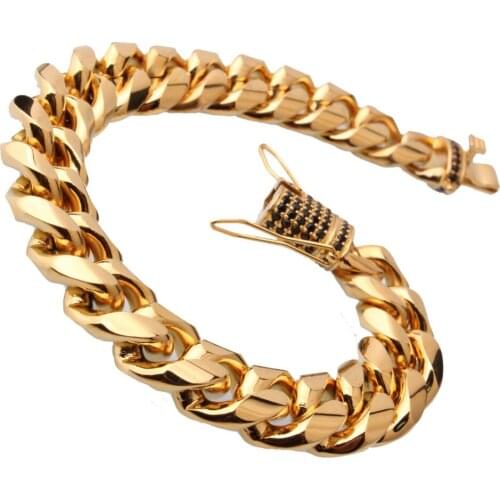 15mm 7-11"Hot Sale Black Crystal 316L Stainless Steel Golden Miami Curb Cuban Link Chain Bracelet Bracelet Fashion Daily Jewelry