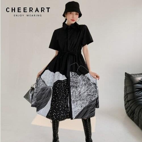 CHEERART Darkness Black Long Shirt Dress Women Summer Short Sleeve Lace Up Button Up Dress Desinger 2021 Aesthetic Clothes