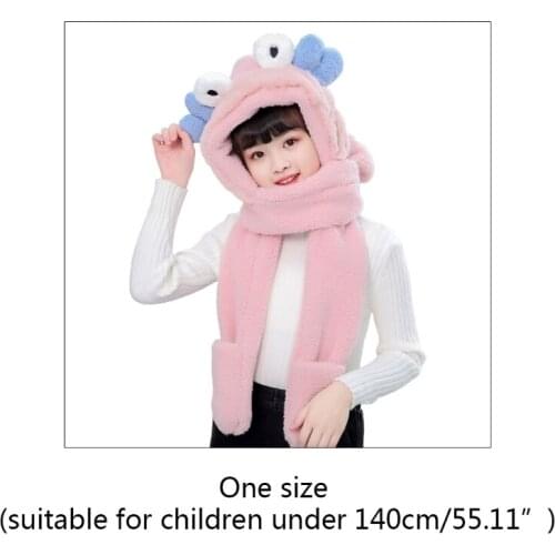 Children Kids Winter Warm 3 In 1 Faux Fleece Hooded Scarf Hat Gloves Set Cute 3D Crab Ears Legs Windproof Thermal Earflap