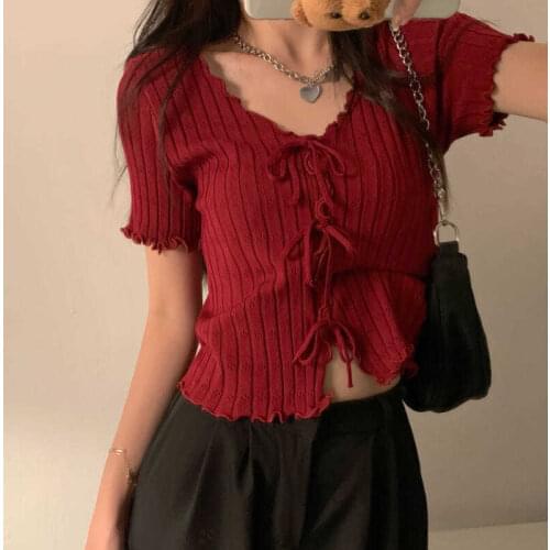 Design strap short-sleeved shirt thin women sweater summer new slim short bottoming shirt top 02-TE-zzbkdd