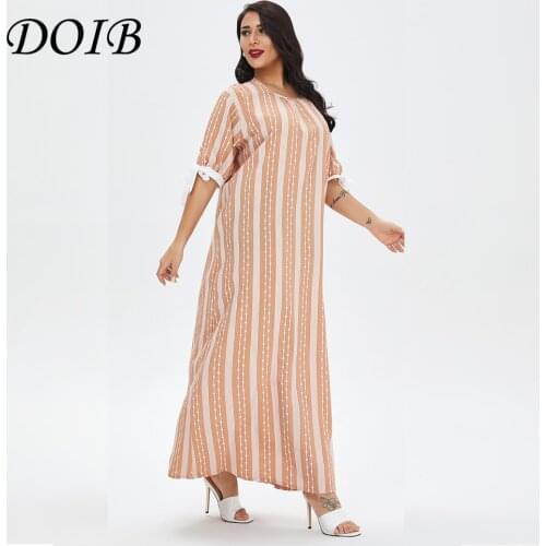 DOIB Women Orange Striped Dress Plus Size Round Neck Short Sleeve Patchwork Large Size Dress 2021 Vintage Summer Dress