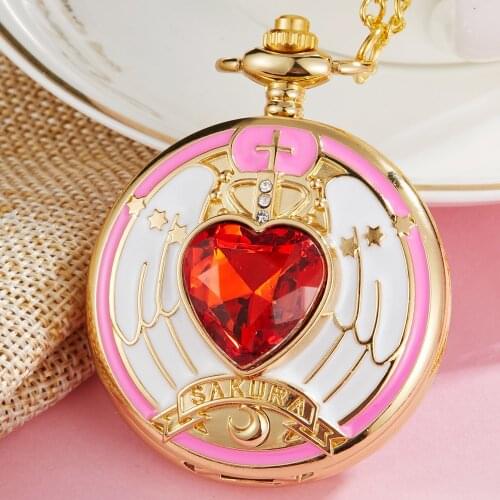 CARDCAPTOR SAKURA Pocket Watch Women Cute Pink Sakura Magic Array Dial Girl Ladies Watch Clock Pendent Necklace Chain Best Gift