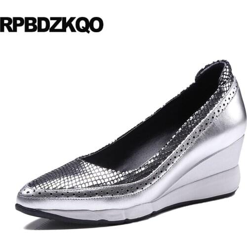 Wedge Snakeskin Pointed Toe Luxury Brand Shoes Women Genuine Leather Size 4 34 Pumps Snake Silver Celebrity High Heels Metallic