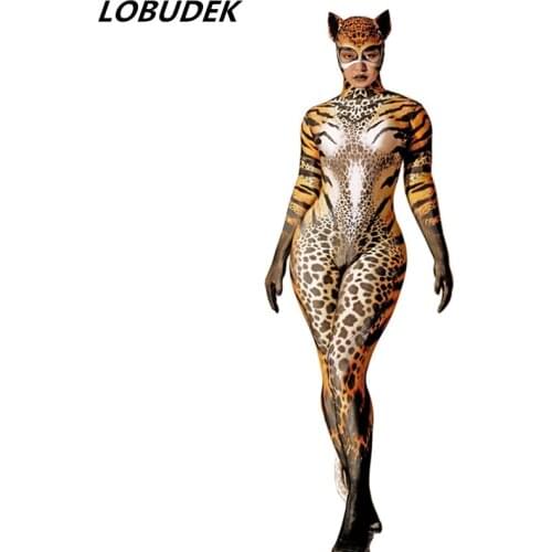 Cat Role-playing Cosplay Costume Printed Tail Jumpsuit Halloween Party Rave Nightclub Bar Dancer Stage Wear Animal Performance