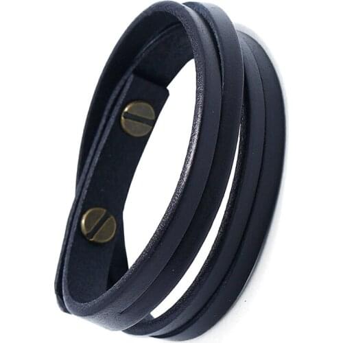 Double-Deck Leather Bracelets Bangles For Men Punk Brown/Black Wristband Cuff Jewelry Boy Gift