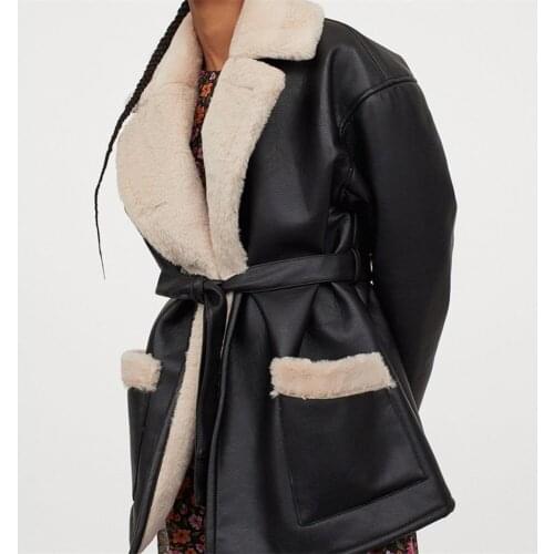 ZXQJ Women Fashion Thick Warm Winter Belted Grained Faux Leather Jacket Coat Vintage Long Sleeve Female Outerwear Chic Tops