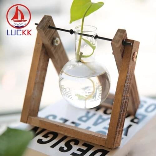 LUCKK Terrarium Hydroponic Plant Transparent Glass Vase Wood Frame Tray Tabletop Plant Flower Pot Hanging Bonsai Home Decorate