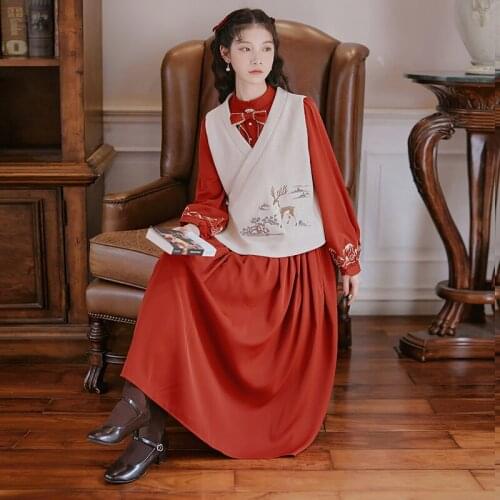 SWEETXUE Retro Embroidery Flower Bow Preppy Style Temperament Sweet Chinese Long Dresses