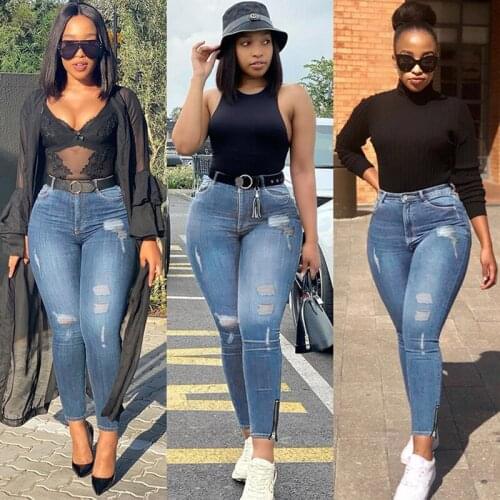 Fashion Washed Ripped Jeans Women Plus Size Blue Female Denim Pencil Elastic Pants High Waist Slim-fit Denim Pencil Trousers