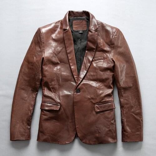Mens Genuine Jackets Brand Outwear Soft Thick Sheep Leather Vintage Classic Form Jacket for Male Single Breasted Coat