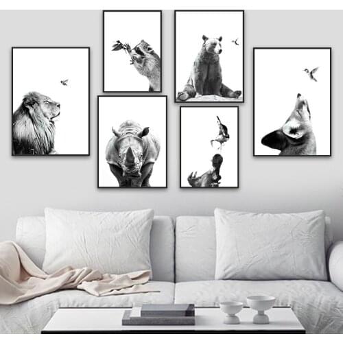 Lion Fox Rhino Raccoon Bear Hippo Hummingbird Wall Art Canvas Painting Nordic Posters And Prints Wall Pictures Kids Room Decor