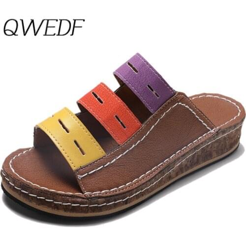 QWEDF new summer women sandals 3 Color stitching sandals ladies open toe casual shoes Platform wedge slides beach shoes K1-80