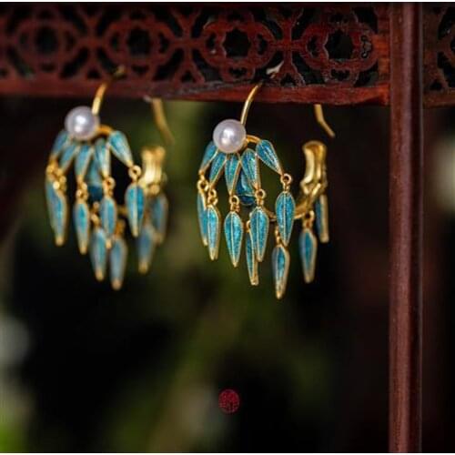 Original designer craftsmanship enamel porcelain bamboo knot tassel earrings retro elegant light luxury fairy silver jewelry