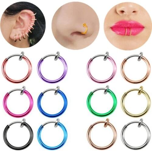 1Pair Stainless Steel Non Piercing Nose Ring Clip On Fake Nose Hoop Pack Fake Cartilage Earring Tragus Fake Lip Piercing Hoop