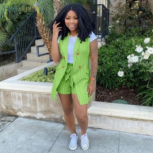 HAOYUAN Striped Casual Summer Two Piece Set Sleeveless Button Suit Cardigan Bandage Shorts for Women Office Lady Matching Sets