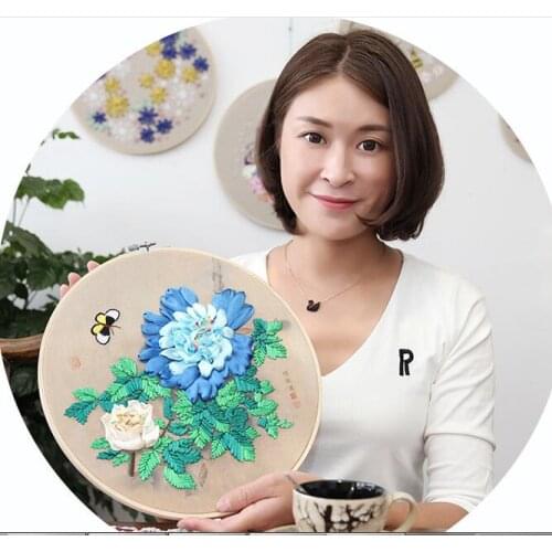 With bamboo hoop Peony flowers Ribbon embroidery kit flowers small pictures canvas fabric embroidery needlework home decoration