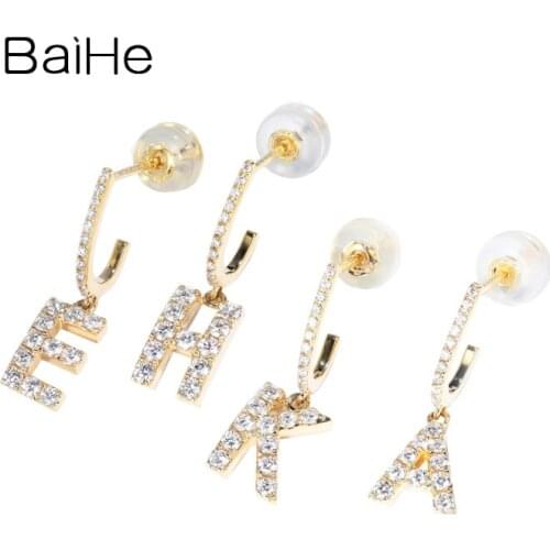 BAIHE Solid 14K Yellow Gold H/SI Natural Diamonds Women Fine Jewelry Trendy E/H/K/A Letter Cерьги 2020 тренд Engagement Wedding