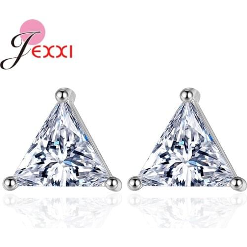 925 Sterling Silver Jewelry for Women Wedding Anniversary Clear Austrian Crystal Simple Triangle Needle Pin Stud Earrings