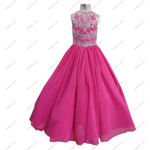 2021 Luxury Crystal Top Fuchsia Princess Flower Girl Dresses for Wedding Party Prom Bridesmaid Keyhole Back Chiffon Communion