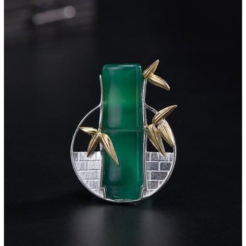 Authentic 925 Sterling Silver Gold Bamboo Leaves Green Jade Brooch For Women Original Design Handmade Brooches Fine Jewelry