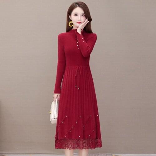 Office Ladies Style Solid Womans Sweater Dress Long Sleeve Half Neck Ladies Pullover Dress Elegant Mid-Length Plus Size Kniwear