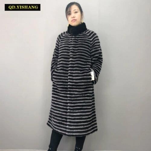 Winter Women Real Fur Long Coat Mink And Rex Rabbit Stand Collar Raglan Sleeve Horizontal Stripes Warm Plus Size High Quality