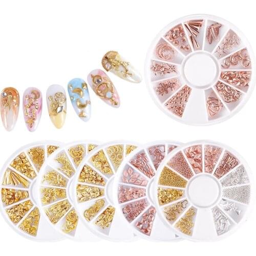 1 Box Gold Silver Rose Gold Metal Nail 3D Punk Studs Star Moon Heart Triangle Square Rivet Gems Nail Art Jewels Decoration Tips
