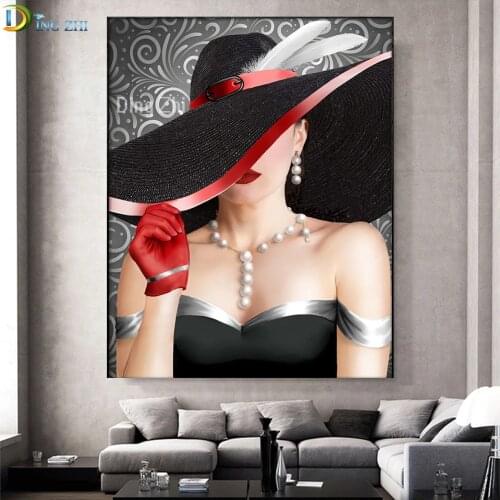 5D Diamond Painting Sexy Woman With Pearl Accessories Full Square Diamond Embroidery Cross Stitch Round Big Hat Diamond Mosaic