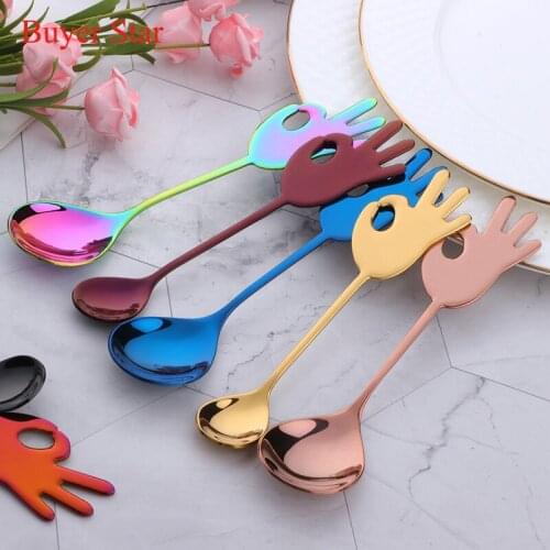 8PCS/set Colorful ok shape Stainless steel Dinner salad Spoon set Mixing Coffee Spoons for wedding party Hotel