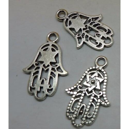 ALYMMO 8Pcs/lot Antique Silver Hollow Fatima Hand Charms 24x15mm Protection Religion Jewelry Hamsa Hand Pendant Hexagramv
