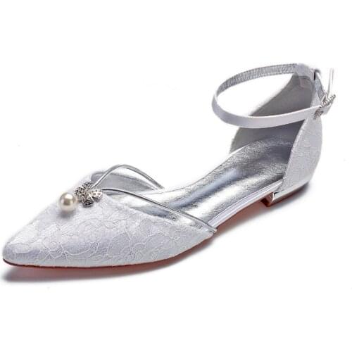 Creativesugar elegant pearl flower shape crystal charm lady lace dress flat shoes pointed toe flats ankle strap bridal wedding