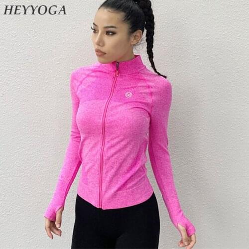 Heyyoga Elastic Tights Womens Long Sleeve Zipper Running Jacket Women Thumb Hole Fitness Coat Dry Quick Gym Sport Jackets