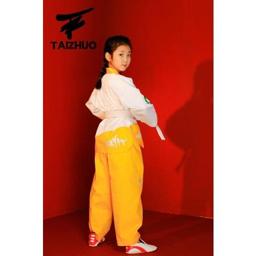 2018 New Flower fire Taekwondo suits childrens Tae kwon do long-sleeved Taekwondo training clothes Kids splicing Road uniforms
