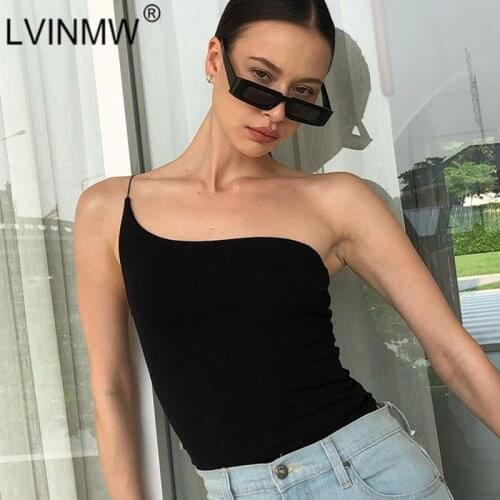 LVINMW Solid Skinny Casual One Shoulder Sleeveless Crop Top Strapless Slim Sexy Basic Simple Tank Tops Women Summer Streetwear