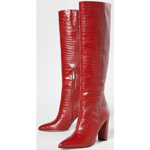 Fashion Red Cow Material Boots Chunky Heel Pointed Toe Zipper Runway Shoes Python Printing Outfit Womens Shoe Custom Made