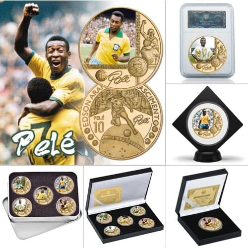 The King Of Football Pele Gold Plated Commemorative Coin Set with Coin Holder Football Challenge Coins Souvenir Gift for Him