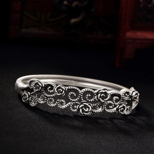 Jade Bangle S990, Pure Silver, Antique, Matte, Old Rose, Hollowed Out Lady, High Grade Wild Jog, Opening Bracelet Wholesale