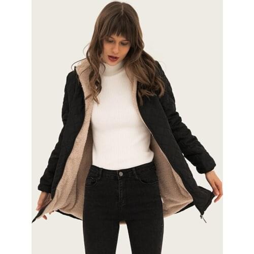 New2020 Tops Female Jacket Hooded Cotton Women Coat Plus Cashmere Lambswool Overcoat Black Jacket Winter Slim Wild Long Jackets