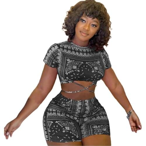 New Womens Fashion Casual Short-Sleeved Printing Summer Two-Piece Suit