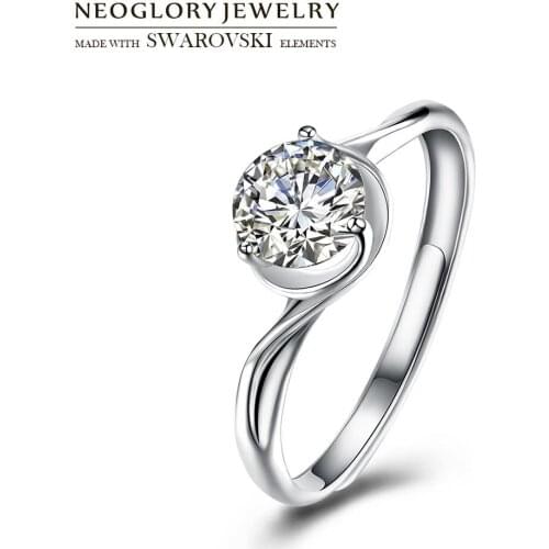 Neoglory S925 Sterling Silver & Cubic Zirconia Engagement Wedding Ring Adjustable 3 Claws Bridal Female Love Heart Anillos Gift