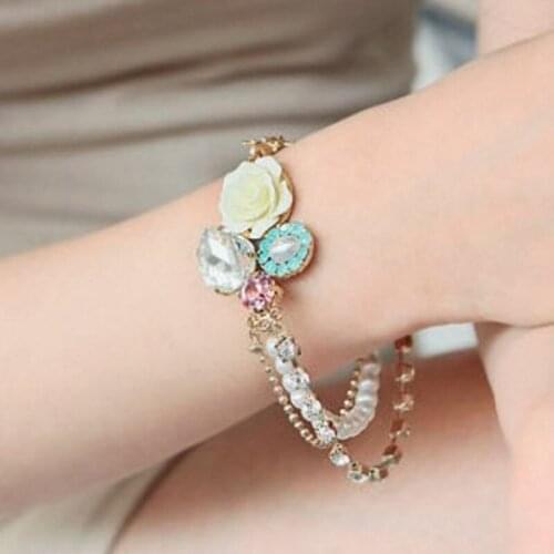 Pronuvel Hot Flower Crystal CZ Charm Multi Layer Simulated Pearl Bracelets Wedding Bride Charm Bracelets For Women JG054