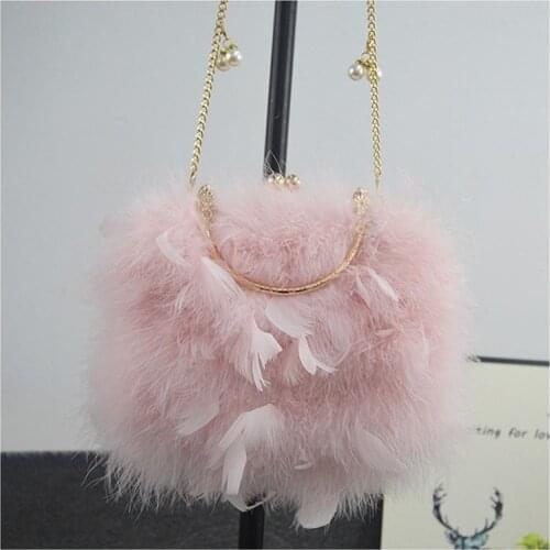 Fluffy Female handbang Crossbody Bag Women Plush Soft Shoulder Bag of Real Ostrich Feather