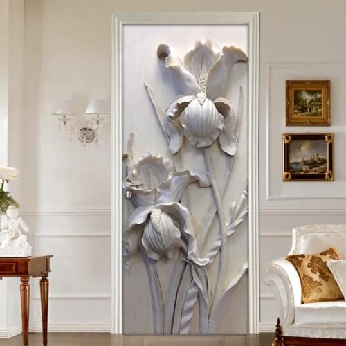 Self-adhesive Removable Door Sticker Wall Decals 3D Stereoscopic Grey Flowers PVC Waterproof Door Mural Art Vinyl Wallpaper Roll