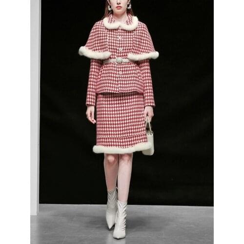 Wool Women Sets High Quality Real Rabbit Fur Splice Houndstooth Set Special Removable Cloak Sleeve Winter Womens Two Piece Sets