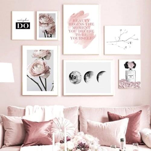 Nordic Pink Girl Flower Picture Fashion Art Canvas Painting Home Decoration Wall Living Room Bedroom Decoration Printing Poster