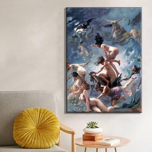 Witches Going to Sabbath Vintage Wall Art Poster Canvas Print Painting Wiccan Occult Grotesque Macabre Retro Antique Picture