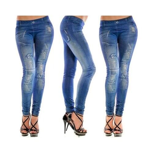 Womens Denim Look Ripped Faux Jean Leggings Jeans