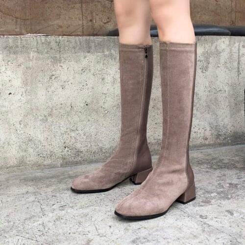 YQBTDL 2020 Winter Patchwork Faux Suede Chunky Block Heels Black Khaki Long Knee High Woman Boots Footwear Big Size Womens Shoes